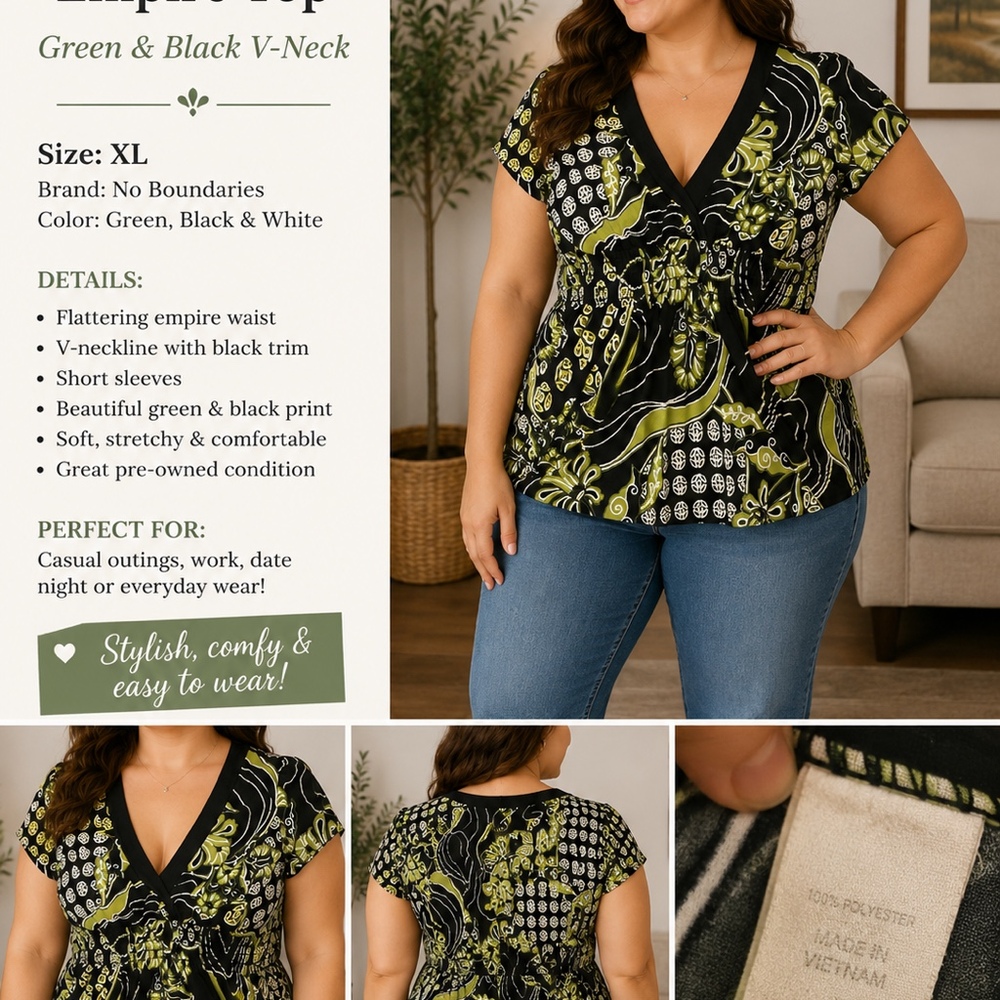 Women’s Green & Black Empire Waist V-Neck Top | XL | Soft Stretch Blouse